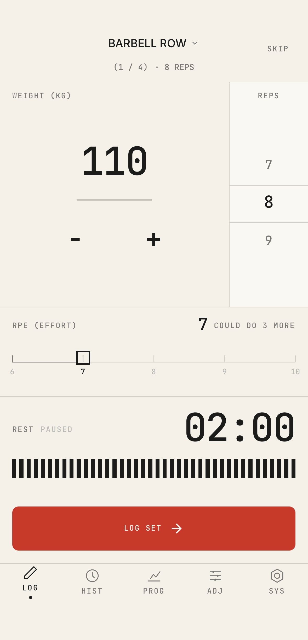 Traqa's logging screen: Barbell Row at 110 kg with reps, an effort scale and a rest timer, above a Log Set button.