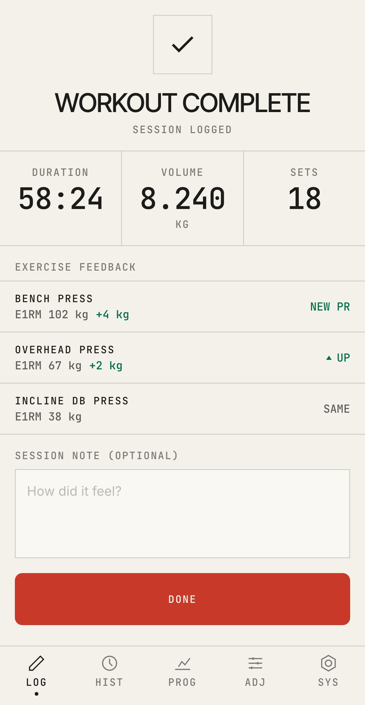 Traqa workout complete screen. Session duration, volume, and sets, with per-exercise e1RM feedback including a new bench press PR.